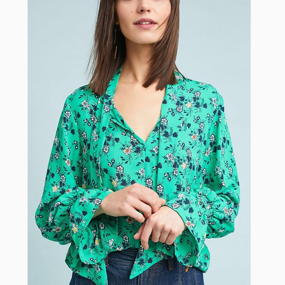 Anthropologie Teal Floral Print Blouse